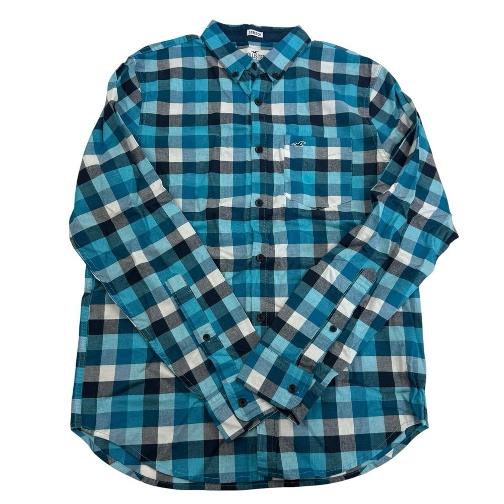 Hollister Epic Flex Stretch Blue Plaid Long Sleeve Button Down Shirt L/S Sz M